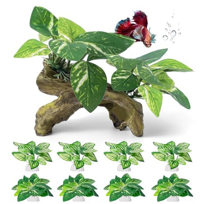 CousDUoBe 9 Pcs Fish Tank Decor，Silk Aquarium Plants Green Silk Leaf pad Hammock Artifical Driftwood cave Betta Fish Tank Accessories 6 x 3 x 4 inches(LxWxH) - size: 9 Pcs Silk Aquarium Plants（Style B）