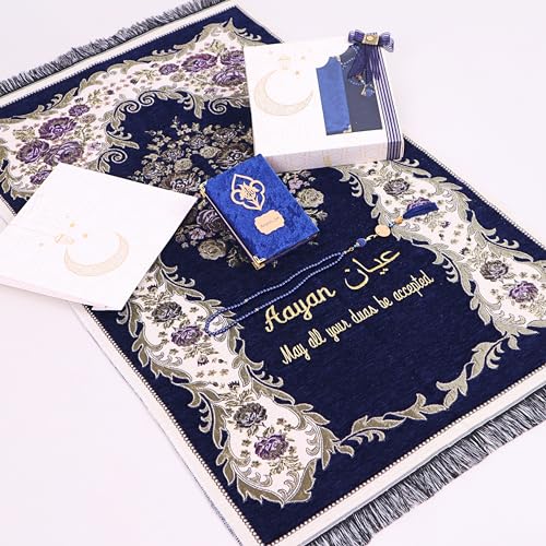 IEF Personalized Prayer Rug Prayer Beads Quran Islamic Gift Set, Ramadan Eid Hajj Umrah Wedding Birthday Mother's Day Father's Day Valentine's Day Gifts (Navy Blue) - color: Navy Blue