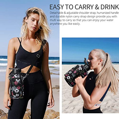 Fimibuke Half Gallon Water Bottle with Sleeve 64 OZ Water Bottle with Handle & Straw Leakproof Motivational Sports Gym Water Bottle with Time Marker BPA Free Water Jug with Reusable Neoprene Holder - color: C1.White Hibiscus