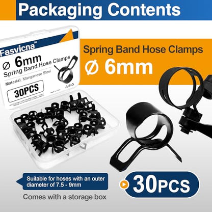 6mm (0.24") Spring Band Hose Clamps, 30 Pack Small Hose Clamps for 5.5-6.5mm OD Fuel Line, Garden Watering Tubes, Air Tubes & Vacuum Hose - size: 6mm