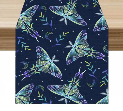 Moth Table Runner Magic Green Stars Leaves Boho Pattern Decor for Indoor Outdoor Wedding Party Dinner Festival Farmhouse Holiday Home Kitchen Dining Room, 13x36in - color: Moth-green, size: 13x36in