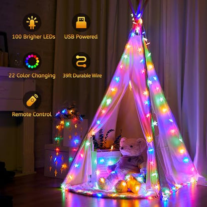 Minetom USB 스타 스트링 조명 - 11.9m(38피트) 100가지 LED 색상 변경 별 요정 조명, 리모컨 및 타이머 포함, 16가지 단일 색상 및 7가지 모드 별이 빛나는 조명, 침실 기숙사 텐트 침대 파티오 크리스마스 파티 실내용 - size: 39 FT