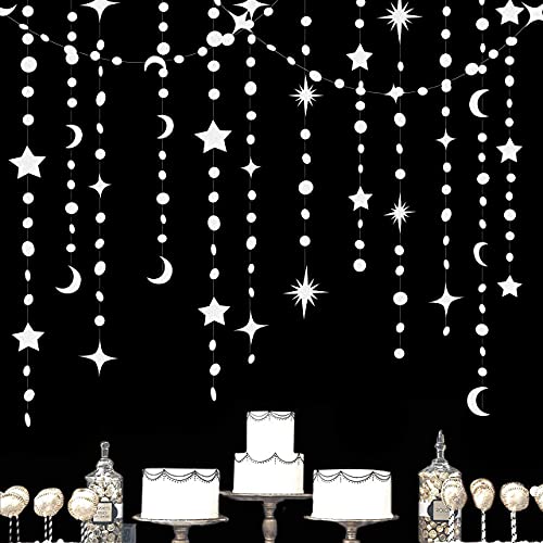 White Star Moon Party Decorations Hanging Circle Dot Garland Crescent Twinkle Little Star Streamer Bunting Banner for Wedding Engagement Anniversary Bridal Shower Celestrial Birthday Decor Supplies - color: White