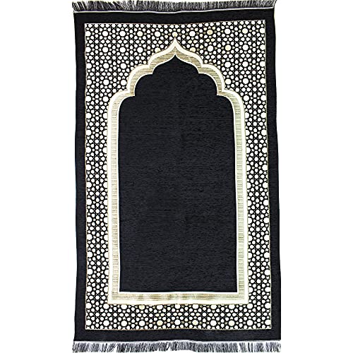 Modefa Turkish Islamic Prayer Mat - Thin Woven Chenille Sajjadah - Intricate Praying Rug Ramadan Eid Gift - Traditional Muslim Janamaz Sajada for Men Women - Geometric Selcuk Star (Black) - color: Black