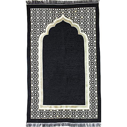 Modefa Turkish Islamic Prayer Mat - Thin Woven Chenille Sajjadah - Intricate Praying Rug Ramadan Eid Gift - Traditional Muslim Janamaz Sajada for Men Women - Geometric Selcuk Star (Black) - color: Black