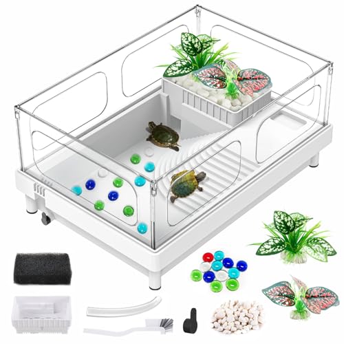 GOZILLA Small Turtle Tank Starter Kit, Acrylic Turtle Aquarium with Multi-Functional Areas for Turtles, Crabs, Crayfish, Small Reptiles. (White Tank)
