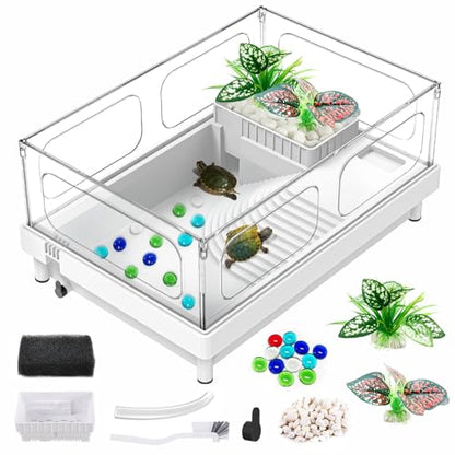 GOZILLA Small Turtle Tank Starter Kit, Acrylic Turtle Aquarium with Multi-Functional Areas for Turtles, Crabs, Crayfish, Small Reptiles. (White Tank)