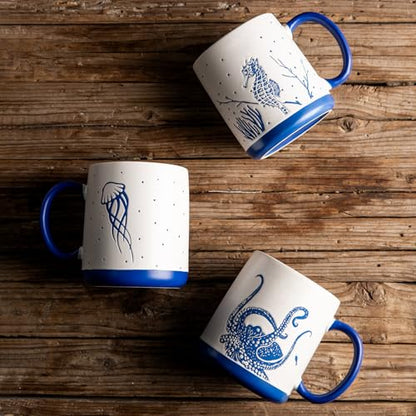 AmorArc Large Coffee Mugs Set of 6, 18oz Ceramic Coffee Cups with Sea Life Textured Patterns for Tea Latte Cocoa. Easy to Hold&Clean, Dishwasher&Microwave Safe, Matt White - color: Matte White