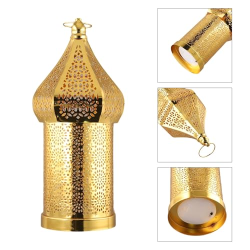 for Moroccan Golden Hollow Iron Lantern for Ramadan Home Decoration, Battery-Operated Light Ornament for Eid, Weddings, Festivals, Tabletop Use, Gold
