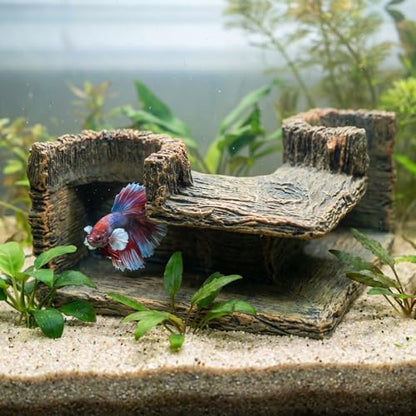 Aquarium Corner Cave Tunnel Decoration, Resin Fish Tank Hideout for Betta, Shrimp, Cichlid and Guppy, L-Shaped Underwater Hollow Log Ornament