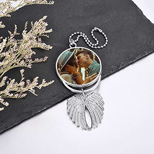 PiercingJ Custom Photo Rearview Mirror Car Charm Double Side Picture Engraving Car Hanging Ornament Angel Wing Car Charm Gift for Men Women - color: Silver-1 Pc