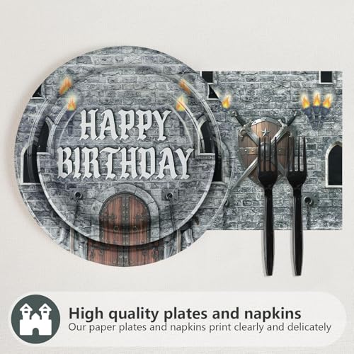 Grencian 96Pcs Medieval Castle Birthday Party Decorations, Serves 24 | Castle Plates and Napkins Disposable Medieval Knight Tableware Set for Kids Birthday Baby Shower Halloween Party Supplies - style: Medieval Castle Theme Birthday