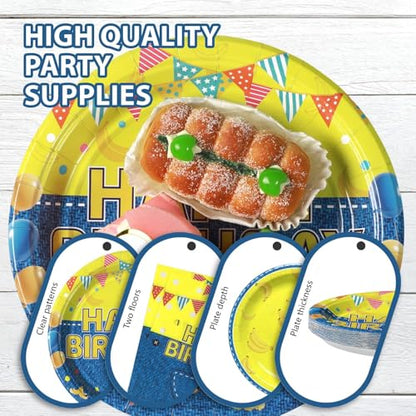 Grencian 96Pcs Yellow Cartoon Birthday Party Decorations Yellow Cartoon Paper Plates and Napkins Banana Theme Disposable Tableware for Banana Theme Birthday Decorations Serves 24 - style: Yellow Cowboy Birthday
