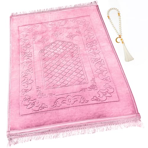 Muslim Prayer Rug with Tasbih Prayer Beads, Soft Large Prayer Matt Islam, Padded Islamic Prayer Mat Thick for Men and Women, Janamaz, Sajadah (Pink) - color: Pink
