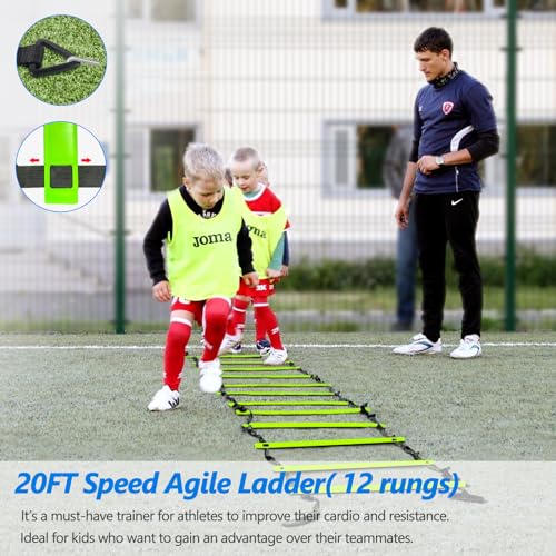 Haootadiy Agility Training Equipment, Football Training Equipment Includes 20FT Agility Ladder,4 Adjustable Agility Hurdles, 12 Football Cones, Parachute, for Training Soccer Basketball Athletes - color: GREEN