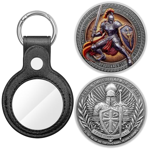 Armor of God Challenge Coin 3D Engraved Medal Medallion Keychain with Leather Coin Holder - color: Antique Silver