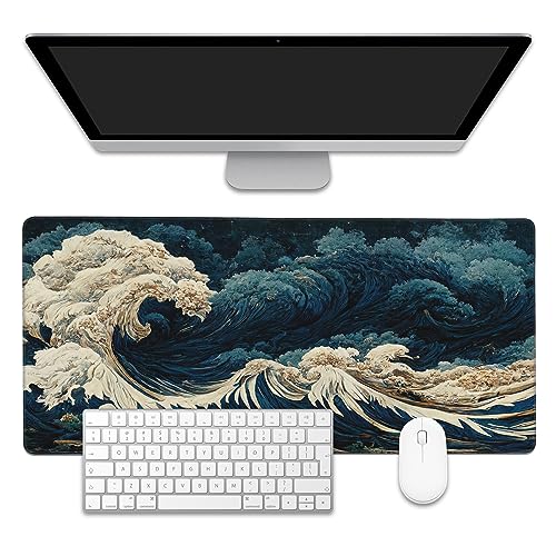 Japanese Ocean Waves Large Gaming Mouse Pad,Waterproof Desk Mat for Desktop,Non-Slip Rubber Base Mousepad with Stitched Edges for Laptop Office and Home 35.4X15.7 Inch - color: Japanese Ocean Waves