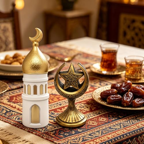 2PCS Ramadan Decoration for Table Set– Islamic Crescent Moon & Mosque Tower + Crescent Star Statues Table Centerpiece, Eid Mubarak Home & Office Decorations, Islamic Festival Decor Gift