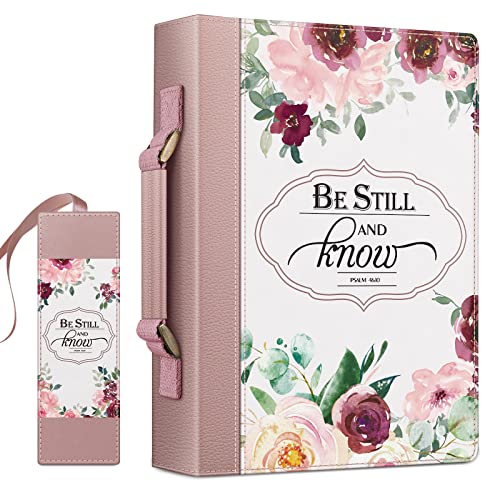 FINPAC Large Classic Bible Cover Vegan Leather Carrying Book Case Church Bag Bible Protective with Handle, Gift for Women, Mother, Friends, Rose Garden - color: Pinkish Purple Rose