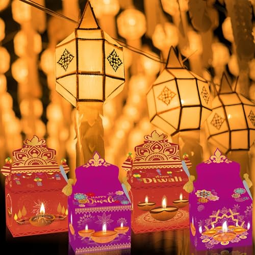 YVAINE 12 PCS Happy Diwali Treat Candy Boxes Mandala Decoration Favors Gift Boxes Festival of Lights Diwali Diya Goodie Boxes for Indian Deepavali Party Supplies
