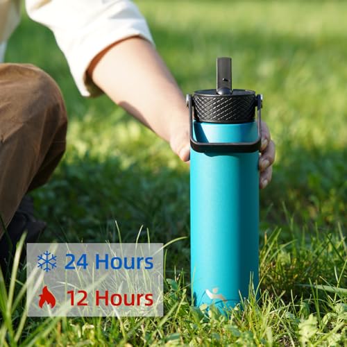 Konokyo 25oz Insulated Stainless Steel Water Bottle with 3 Lids, Leakproof BPA-Free Bottle with Straw Lid, Sip Lid and Flex Cap for Gym, Travel, School, Office, Macaron Green - color: Macaron Green, size: 25 Ounces