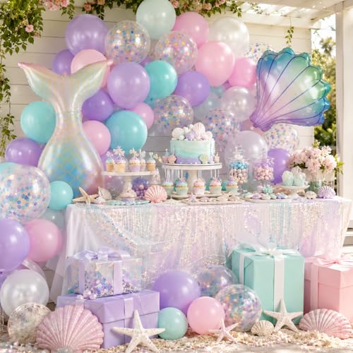 Mermaid Balloons, 12 Inch Pink Purple Balloons with Seashell Foil Balloons - color: Pink, size: 30PC