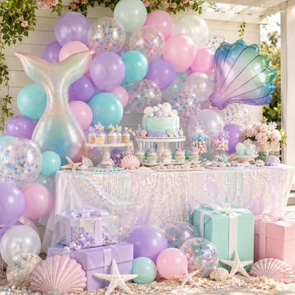 Mermaid Balloons, 12 Inch Pink Purple Balloons with Seashell Foil Balloons - color: Pink, size: 30PC