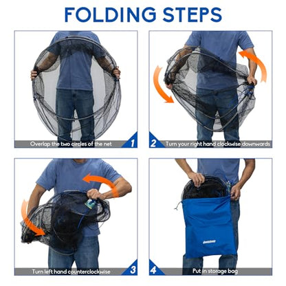 QualyQualy Foldable Fishing Net, Landing Fishing Pier Nets 31"/40" Hoop, Drop Net for Pulling Up Fish with Rope, Portable Bridge Fishing Net for Minnows, Crawfish, Shrimp - size: Rubber - 40 Inch Hoop
