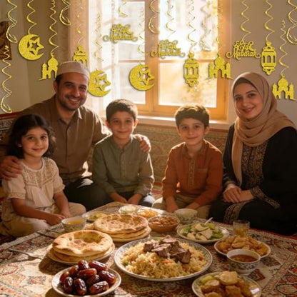 Eid Mubarak Decorations, Gold Glitter Eid Mubarak Hang Swirls Star Moon Lantern Decor Sign for Eid Festival Muslim Islam Party Decoration Supplies