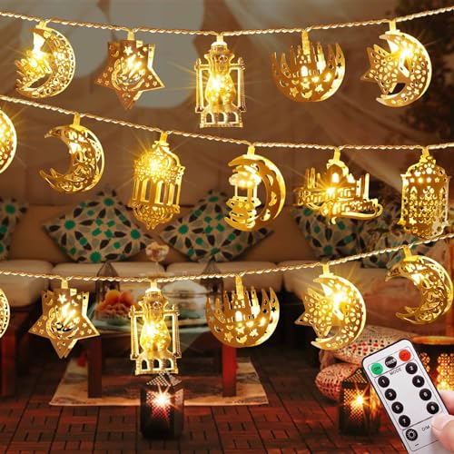 Vintage Ramadan Decorations, Battery Operated 20 LED EID Mubarak Lights, Bronze Metal Moon Star Lantern String Lights for Home, Mantle, Window, Tree, Bedroom, Classroom Decor