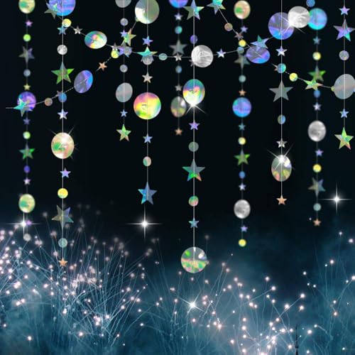 Cheerland Iridescent Party Decorations Holographic Star Garland Hanging Stars Moon Streamer Galaxy Birthday Decorations Ramadan Eid Banner Baby Shower Backdrop Space Alien Celestial Party Decor