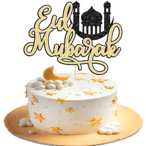 Ephlyn 1Pcs Eid Mubarak Cake Topper Glitter Moon Star Ramadan Kareem Eid Cake Decoration for Islamic Muslim Theme Party Decorations Supplies Gold - color: Gold-8