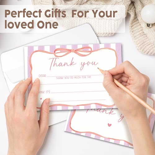 Kids Thank You Cards with Envelopes, Pink Ribbon Theme Fill in the Blank Thank You Notes for Kids, Toddler Stationery Set, Ideal for Birthday Party, Graduation & School Gag Gifts - B05 - color: Pink Ribbon Style