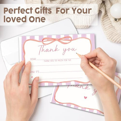 Kids Thank You Cards with Envelopes, Pink Ribbon Theme Fill in the Blank Thank You Notes for Kids, Toddler Stationery Set, Ideal for Birthday Party, Graduation & School Gag Gifts - B05 - color: Pink Ribbon Style