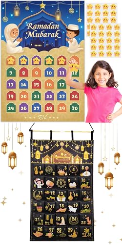 AhfuLife 1 Pcs Paper Ramadan Eid Mubarak Countdown Calendar with 40 Stars & 1 Pcs Cavanas Ramadan Advent Calendar with 30 Pockets for 2026 Ramadan Mubarak