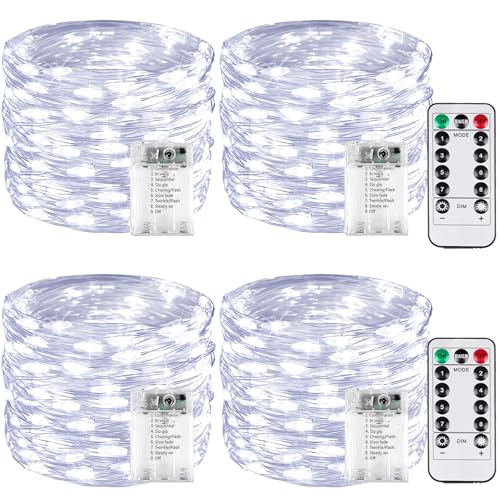4 Pack 60 LED Fairy Lights Battery Operated with Remote, 8 Modes String Lights Indoor Outdoor, Cuttable Battery Light for Home Bedroom Wedding DIY Centerpiece Christmas Decorations (Cool White) - color: Cool White, size: 4PK（60LED with Remote）