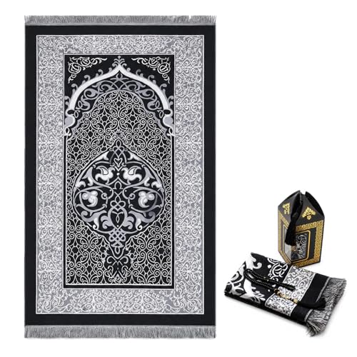 Muslim Prayer Rug with 99-Bead Tasbih, Soft Islamic Prayer Mat Sajadah for Daily Salah, Ramadan Eid Gifts for Men Women, Foldable Janamaz Prayer Rug - color: Black