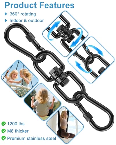 Swing Swivel, Heavy Duty 304-Stainless Steel Swivel Ring, Double Ended Eye Hook with Snap Hooks, Rotating Carabiner Swing Spinner Hanger for Web Tree (Black, M8 x 1Pack) - color: Black