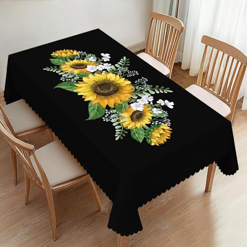 Black Sunflower Rectangle Tablecloths Wild Flowers Table Cloths Dacorative Kitchen Dining Tablecloth for Rectangular Tables,Washable Table Cover for Party 54 x 72 Inch - color: Black