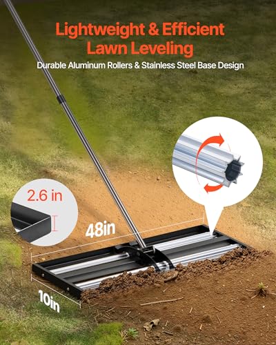 VEVOR Updated Lawn Leveling Rake with Roller, 48'' x 10" Stainless Steel Lawn Leveler with 83.9'' Adjustable Handle, Heavy Duty Yard Leveling Rake, Effort Saving Lawn Leveling Tool for Yard Golf Court - size: 10*48*84in (with Roller)