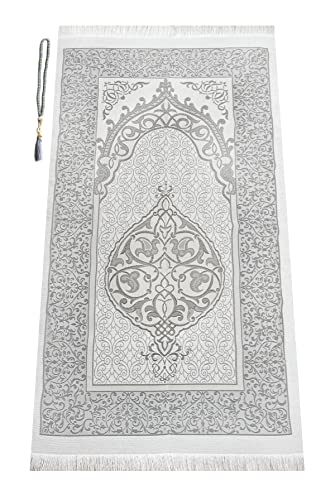 ihvan online Muslim Prayer Rug and Prayer Beads with Elegant Design Cylinder Gift Box, Janamaz, Soft Sajadah, Islamic Gifts Set, Portable Prayers Carpet Mat, Taffeta Fabric, Grey - color: Grey