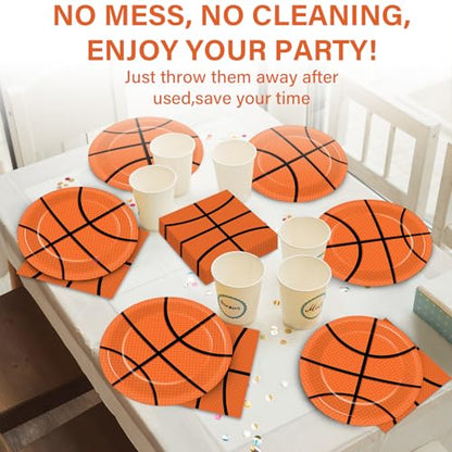 48Pcs Basketball Paper Plates and Napkins Basketball Birthday Party Decorations Sport Party Supplies Black Orange Dessert Plates Disposable Tableware Set for Teenagers Kids Boys Adults Serve 24 - style: Basketball