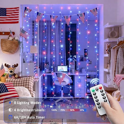 JMEXSUSS 300LED Red White & Blue Curtain Lights for 4th of July, 9.8x9.8ft - color: Red White and Blue, size: 300 LED