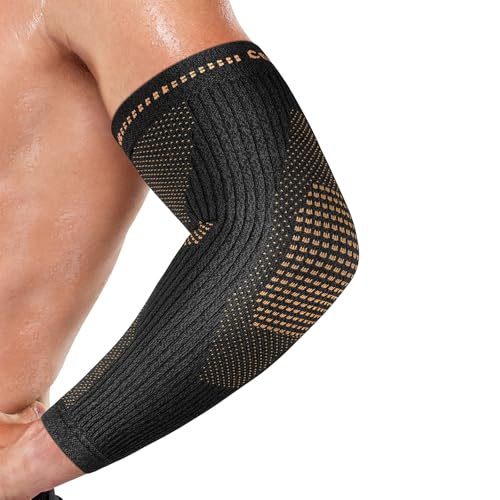 Copper Elbow Compression Sleeve - Tennis & Golfers Elbow Support Brace, Extends to Forearm for Complete Pain Relief, Wider Fit Hugs Joint, Medium - size: Medium