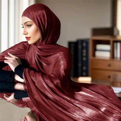 Premium Hijab Head Scarf for Women Lightweight Shimmer Hijab Head Wrap Scarves Crepe Satin Scarf Shawl Wrap - color: Wine Red