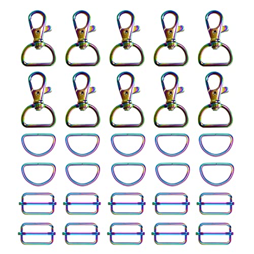 WAFJAMF Metal Snap Hook Ring Bulk 30 Pcs, Swivel Clasp Buckle and Non-Welded D Ring 10 Pcs, Adjustable Rectangular Buckle (3/4' Inside Width Rainbow) - color: Rainbow, size: 3/4” Inside Width