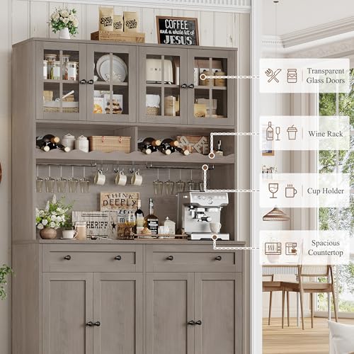 HOSTACK Kitchen Pantry Storage Cabinet, Coffee Bar Hutch Cabinet, Ash Gray | 75.4" Tall Pantry Cabinet with Charging Station / Countertop / Glass Doors / Wine Rack / Cup Holder / Drawers, Dining Room - color: Ash Gray