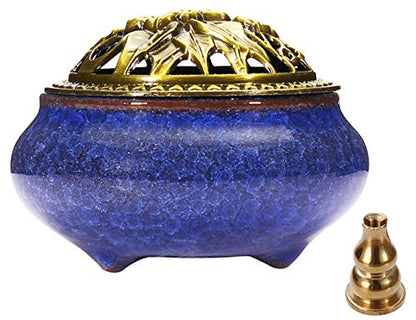 Miupoo Incense Burner and Cone Incense Holder with Brass Incense Stick Holder Ceramic Ash Catcher (Dark Blue) - color: Dark Blue