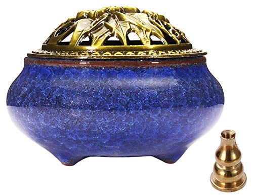 Miupoo Incense Burner and Cone Incense Holder with Brass Incense Stick Holder Ceramic Ash Catcher (Dark Blue) - color: Dark Blue