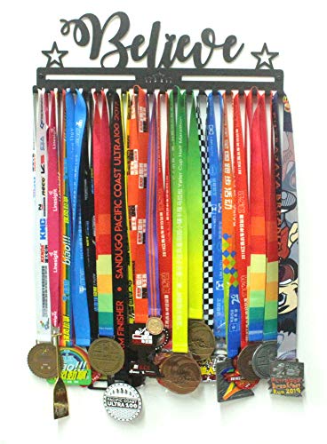 Metal Wall Mount Motivational Medal Hanger Display and Lanyard Ribbon Holder - Ribbon Display Rack with Easy Hanging Hooks & Simple Install, Gifts for Kids & Adults - style: Believe